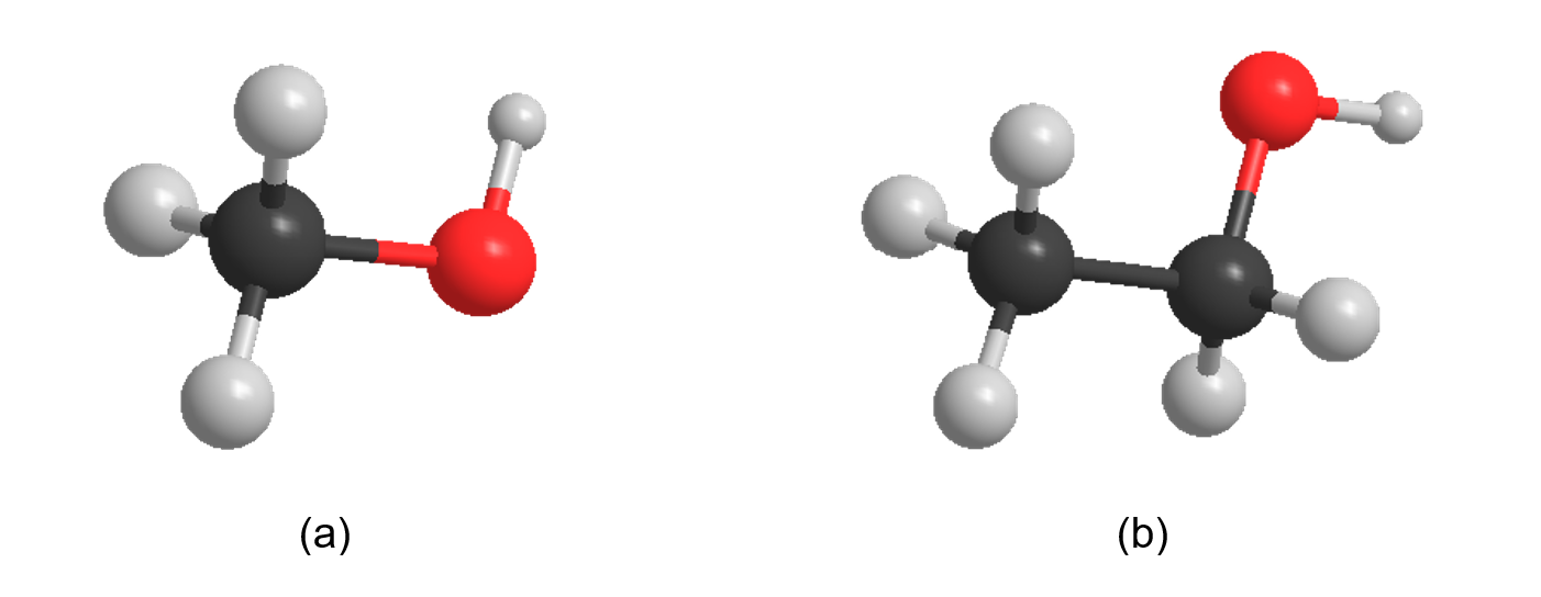 Mô hình phân tử của methanol (a) và ethanol (b) olm.